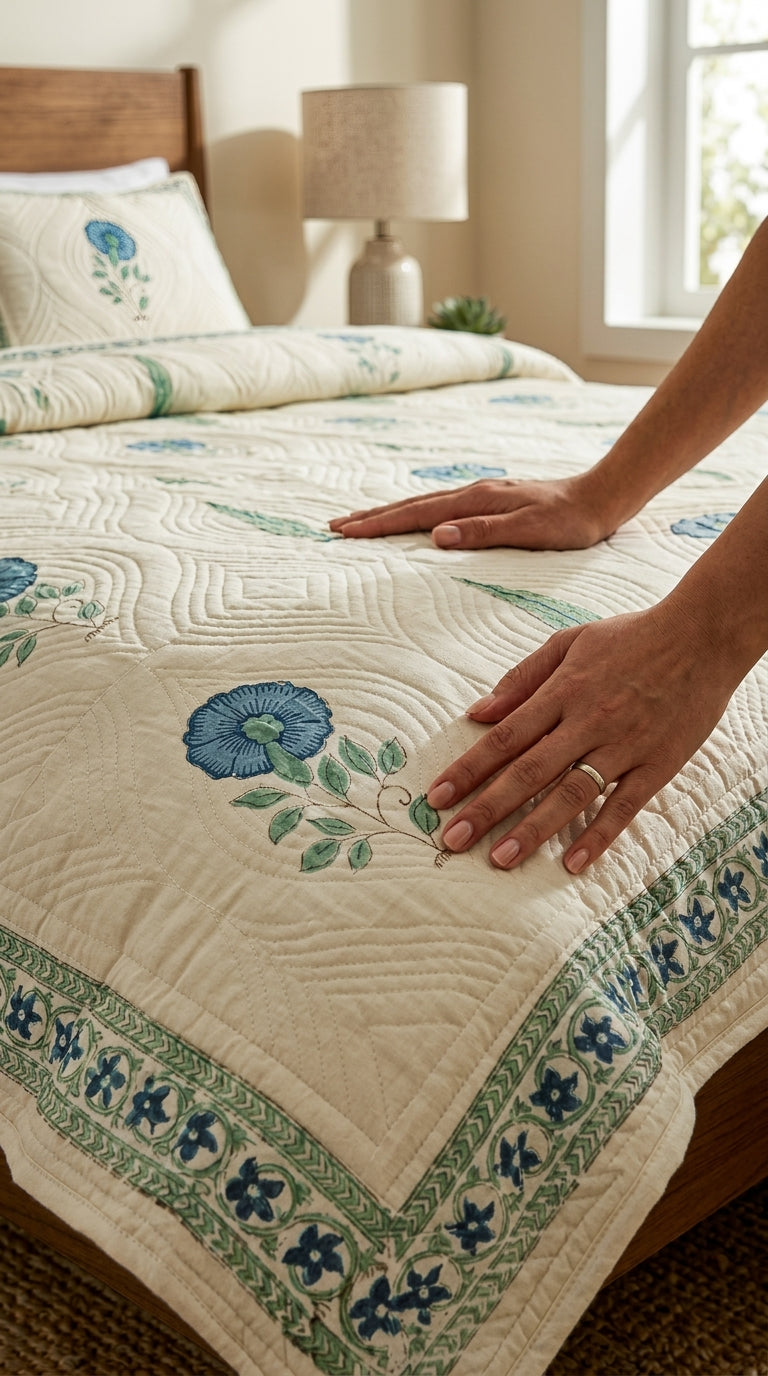 BC06 -Embossed Handblock Quilted Bedcover Set(Non - White Base)