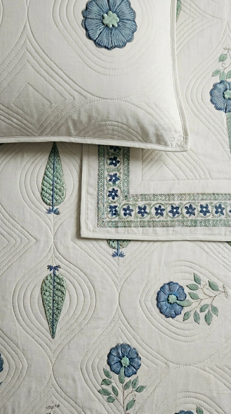 BC06 -Embossed Handblock Quilted Bedcover Set(Non - White Base)