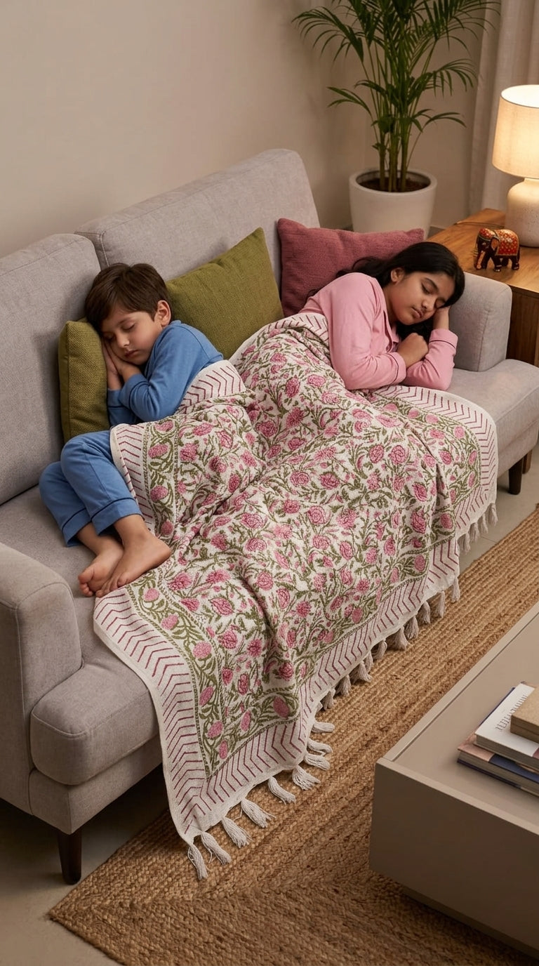 ST01 Handblock Jute Cotton Dhurries/ Sofa Throws