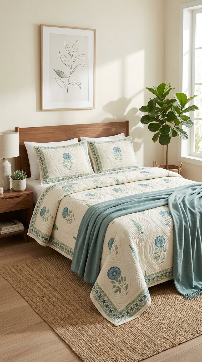 BC06 -Embossed Handblock Quilted Bedcover Set(Non - White Base)