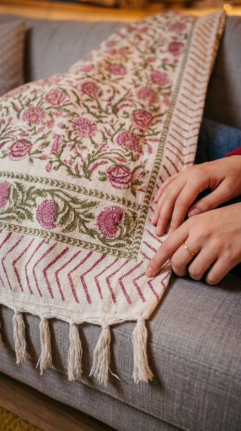 ST01 Handblock Jute Cotton Dhurries/ Sofa Throws